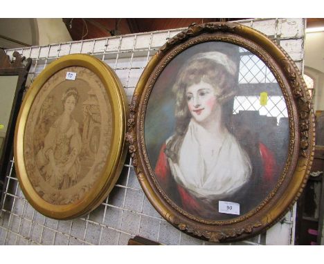 An oval portrait of a woman, together with a tapestry portrait