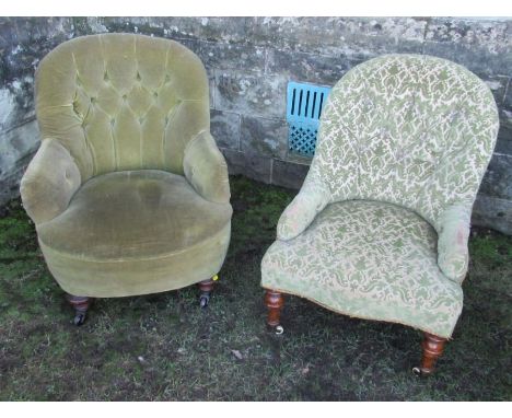 Two 19th century upholstered low nursing chairs, with spoon button backs