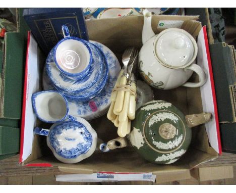 A box of china, to include Royal Worcester, tea pots, crested ware etc
