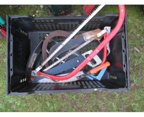 A collection of garden and other tools, together with step ladders