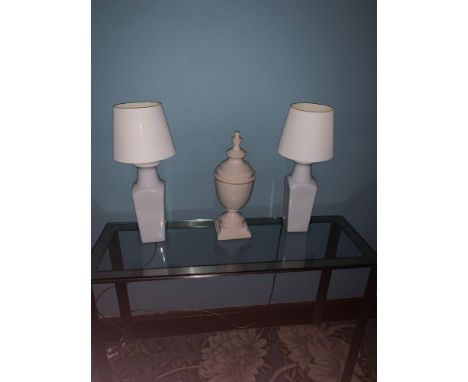 A Pair Of White Ceramic Table Lamps And A Ceramic Urn 60cm