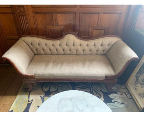 Regency Mahogany Scroll Arm Sofa Upholstered Back And Seat Ending On Carved Shaped Feet With Brass End Caps And Castors 187 x