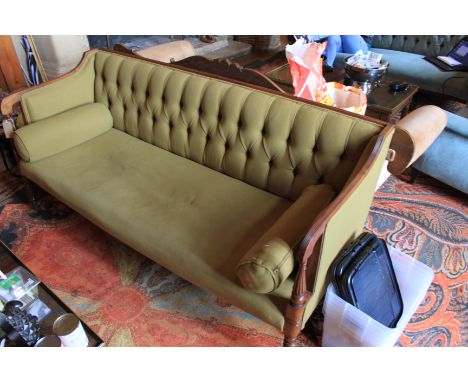 Regency Style Sofa Green Two Seater Sofa With Wooden Ornate Carvings On Castors 1800 x 750 x 850mm