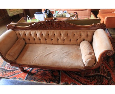Brown Suede Two Seater Sofa With Wooden Ornate Carvings 2000 x 550 x 900mm