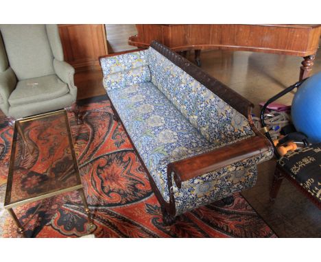 Regency Sofa Bench Armed Sofa In Blue/Yellow/Green Pattern With Wooden Carvings, Claw Feet And On Castors, 2000 x 550 x 830mm