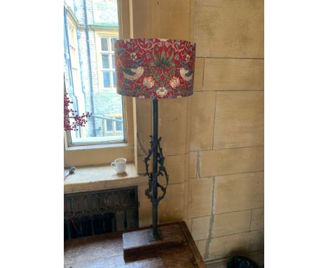 Oak And Metal Carved Tall Lamp With Linen Shade 123cm Tall