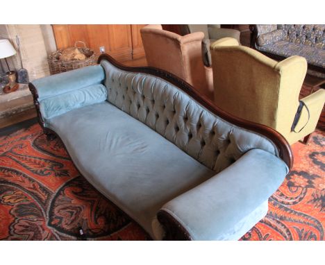 Turquoise Suede Two Seater Sofa With Ornate Wooden Carvings 2200 x 650 x 780mm