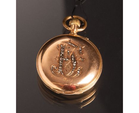 Damentaschenuhr 750 GG (Ende 19. Jh.), weißes Emailzifferblatt m. schwarzen röm. Ziffern,d. Sprungdeckel monogramm.: "EJ", d.