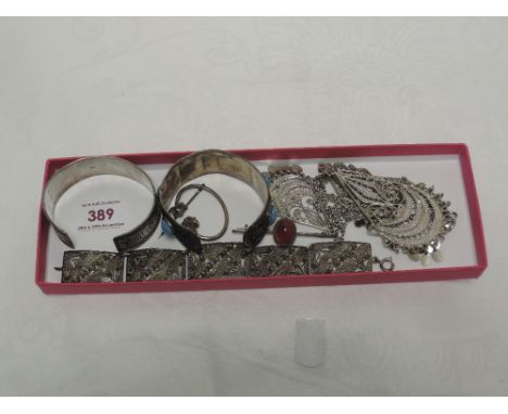 A selection of white metal jewellery including Grecian key bangle stamped 925, another bangle having turquoise decoration sta
