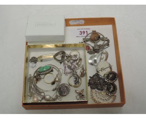 A small selection of white metal and silver jewellery including marcasitte, brooches, earrings, pendant, HM silver Celtic sty