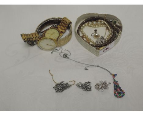 A small amount of costume jewellery including two gents wrist watches by Roamer & Rotary, two bangles, clip earrings, pearls,