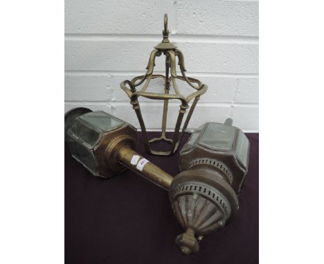 A pair of vintage brass carriage lamps and a vintage brass and glass ceiling light