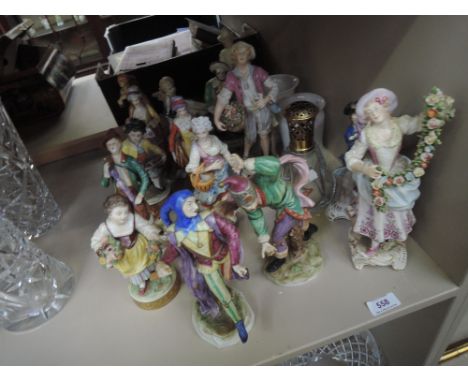 A selection of ceramic figures, 19th century Continental and later including Rudolstadt Volkstedt figure of a jester, V20842 