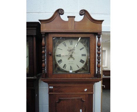 An early 19th century mahogany oak longcase clock having swan neck hood containing painted dial and 30 hour movement by Scale