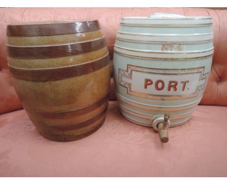 An early 20th century ceramic spirit barrel for 'port' and a similar period stoneware barrel