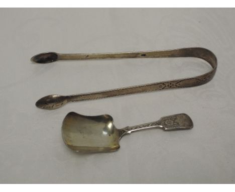 A Georgian silver caddy spoon having engraved decoration and monogram to tyerminal, London 1832, makers mark WB and a pair of