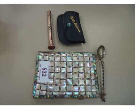 A selection of miscellaneous including yellow metal ink pen/pencil 1891, a letter balance, finial spoon and Victorian mother 