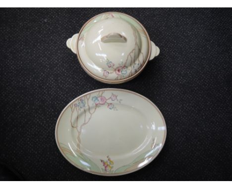 A Newport pottery, Clarice Cliff dinner service in the Chippendale pattern comprising six dinner plates, six medium plates, s