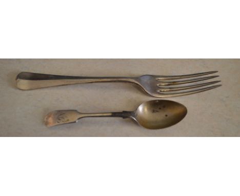 Silver dinner fork and a silver teaspoon, approx weight 3.3ozt