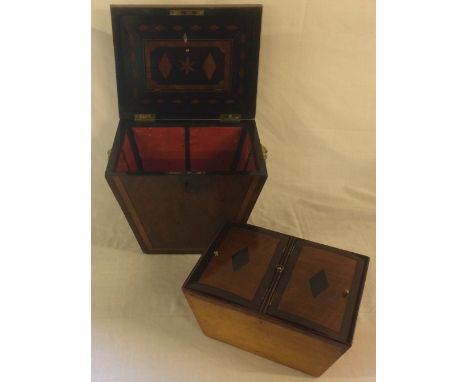 Regency sarcophagus shape tea caddy with lion mask ring handles with lidded compartments, spoon drawers to lid & mixing compa