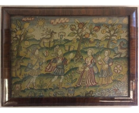 An old needlepoint panel depicting 16th century figures & creatures in a landscape 37.5cm by 27.5cm