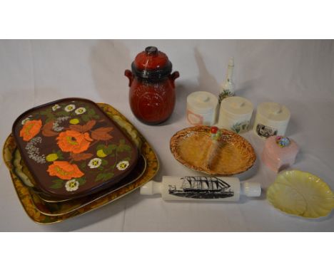 Various trays, Rumtoft jar, Falconware dish, Carltonware cheese pots issued by Guinness etc