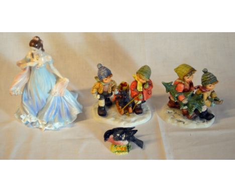 Royal Worcester figure of a lady, 2 Hummel figures and a Beswick bird