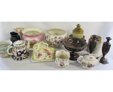 Various ceramics inc teapot with stand, wooden tazza and candlesticks (2 boxes)