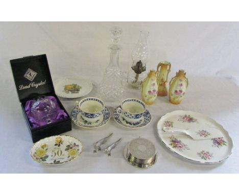 Various items inc decanter, vases, cake plate with server, boxed crystal brandy glass, silver plate, small oil lamp etc etc