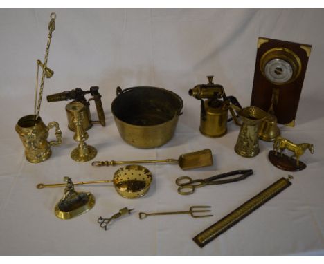 Brassware including jam pan, blowlamps, barometer etc