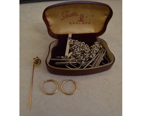 Pair of 9ct gold earrings, yellow metal stick pin and some silver marked 'Sterling' and '925'