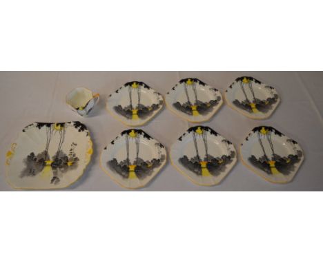 Shelley small part tea service with landscape pattern in black, yellow and grey (AF) approx 8 pieces 