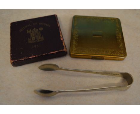 Festival of Britain 1951 coin, silver plated sugar tongs and an ornate compact