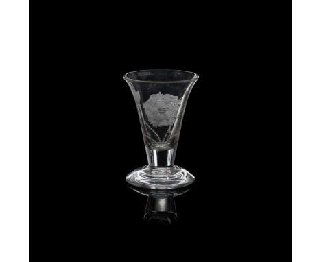 A SCARCE 18TH-CENTURY JACOBITE FIRING GLASS  the tapered bowl engraved with a displayed rose head flanked by two closed buds,