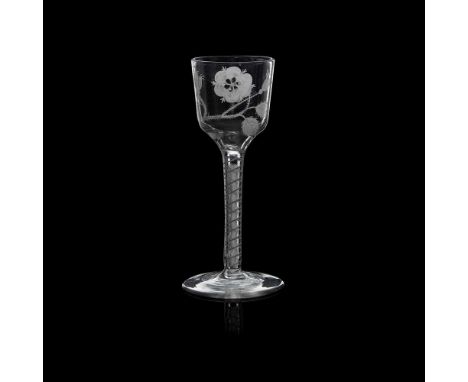 A RARE ENAMELLED JACOBITE WINE GLASS 18TH CENTURY  the ogee bowl enamelled in white with a six-petalled rose, an opening bud,