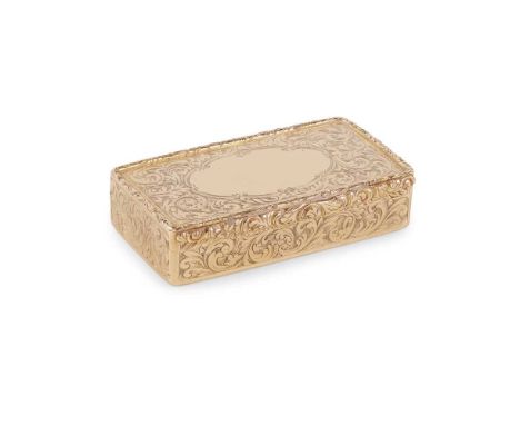 A VICTORIAN 18CT GOLD SNUFF BOX  DAVID MCDONALD, GLASGOW 1843 of rounded rectangular outline, engraved acanthus scroll-work t