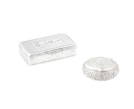 A WILLIAM IV SNUFF BOX JAMES NAYSMITH, EDINBURGH 1836 of rectangular outline, cross-hatch pattern throughout, the hinged lid 