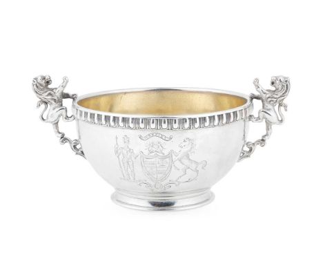 A VICTORIAN TWIN-HANDLED BOWL JAMES KIRKWOOD, EDINBURGH 1871  the deep hemispherical bowl with a gadrooned border, engraved t