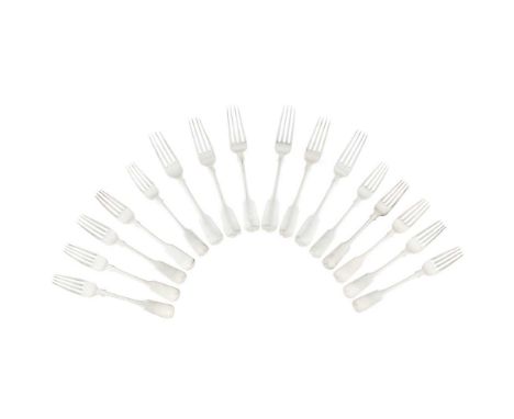 A MATCHED SET OF SIX GEORGE III TABLE FORKS JAMES MCKAY, EDINBURGH 1834/7 of Fiddle pattern, engraved initial to terminal; to