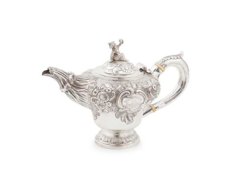 Y A SCOTTISH GEORGE III TEAPOT ALEXANDER CAMERON, EDINBURGH 1798 of inverted pear shape, all-over embossed floral and scroll 
