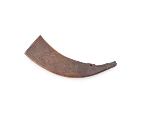 A LATE 17TH CENTURY POWDER HORN FLASK the flattened cow horn, decorated in a variety of Celtic strap work designs within pane