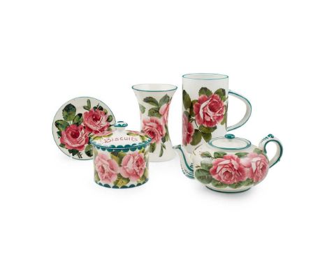 A COLLECTION OF WEMYSS WARE 'CABBAGE ROSES' PATTERN, EARLY 20TH CENTURY comprising a biscuit barrel, 12cm high, a beaker vase