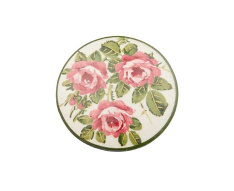 A LARGE WEMYSS WARE BUTTON CIRCA 1900 probably painted by Sandland, decorated with three roses within a green rim, green pain