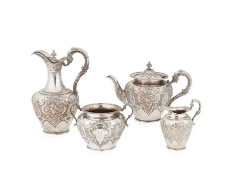 Y A LATE VICTORIAN FOUR-PIECE TEA-SERVICE  LAWSON & CO., GLASGOW 1900  comprising a teapot, waterpot, sugar basin and a milk 