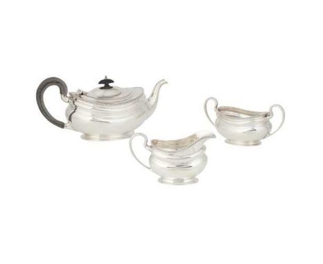A 1930s THREE-PIECE TEA SERVICE HAMILTON & INCHES, EDINBURGH 1936 comprising a teapot, twin-handled sugar basin, and a milk j