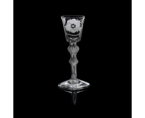 A FINE 18TH CENTURY JACOBITE WINE GLASS  the deep bucket bowl engraved with a displayed rose head flanked by a single closed 