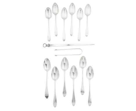 A MATCHED SET OF TWELVE CELTIC POINT PATTERN TABLESPOONS VARIOUS to include, three by Patrick Robertson, Edinburgh 1789, four