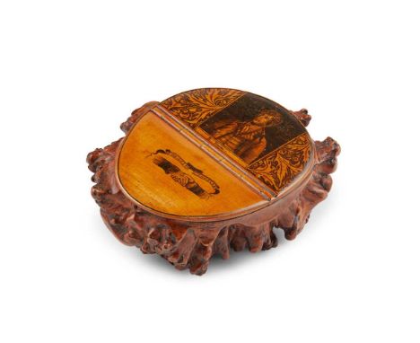 SCOTTISH BURR ROOTWOOD SNUFF BOX 19TH CENTURY the top painted with a portrait of Burns, flanked by two panels painted with le
