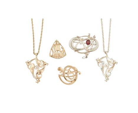 A COLLECTION OF SCOTTISH JEWELLERY  OLA GORIE to include two pendants, one silver and one 9ct gold, each of scrolling design,