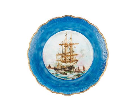 A WEMYSS WARE PLATE 'FIFIES' PATTERN, CIRCA 1900 painted by Karel Nekola with ships and boats within a blue enamelled and mou